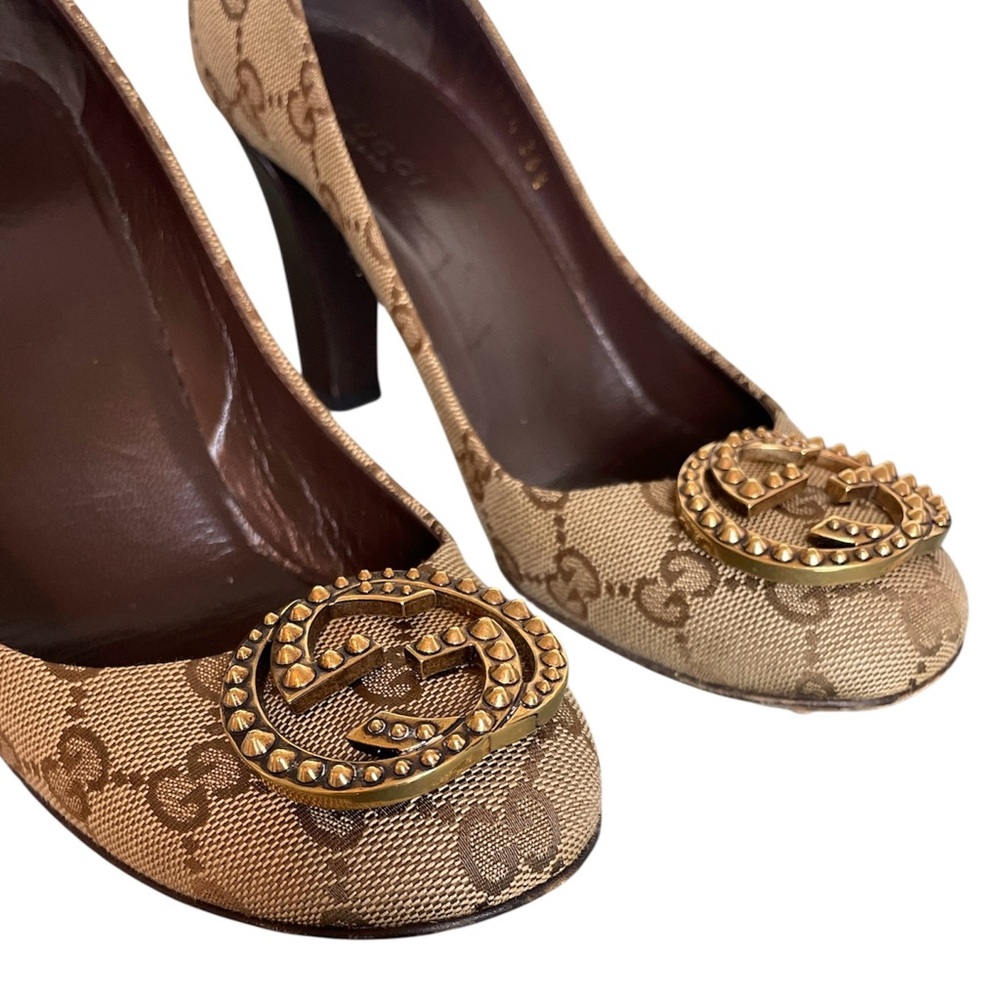 GUCCI Canvas Supreme Interlocking GG Logo Studded Block Heel Pumps \\ 36.5 - Picture 5 of 13